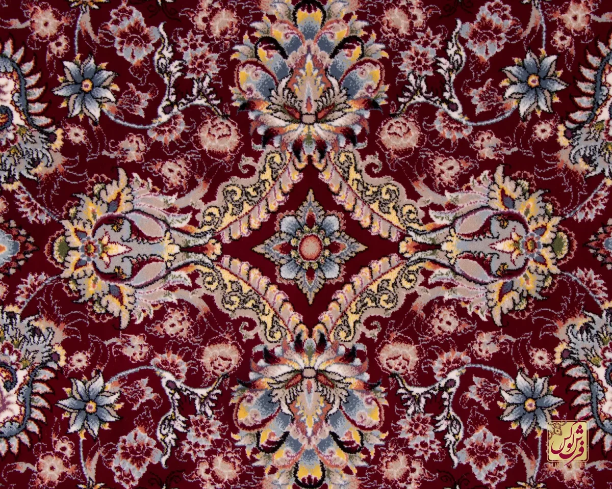 فرش ابریشم ماشینی ۱۲۱۱ لاکی حاشیه کرم