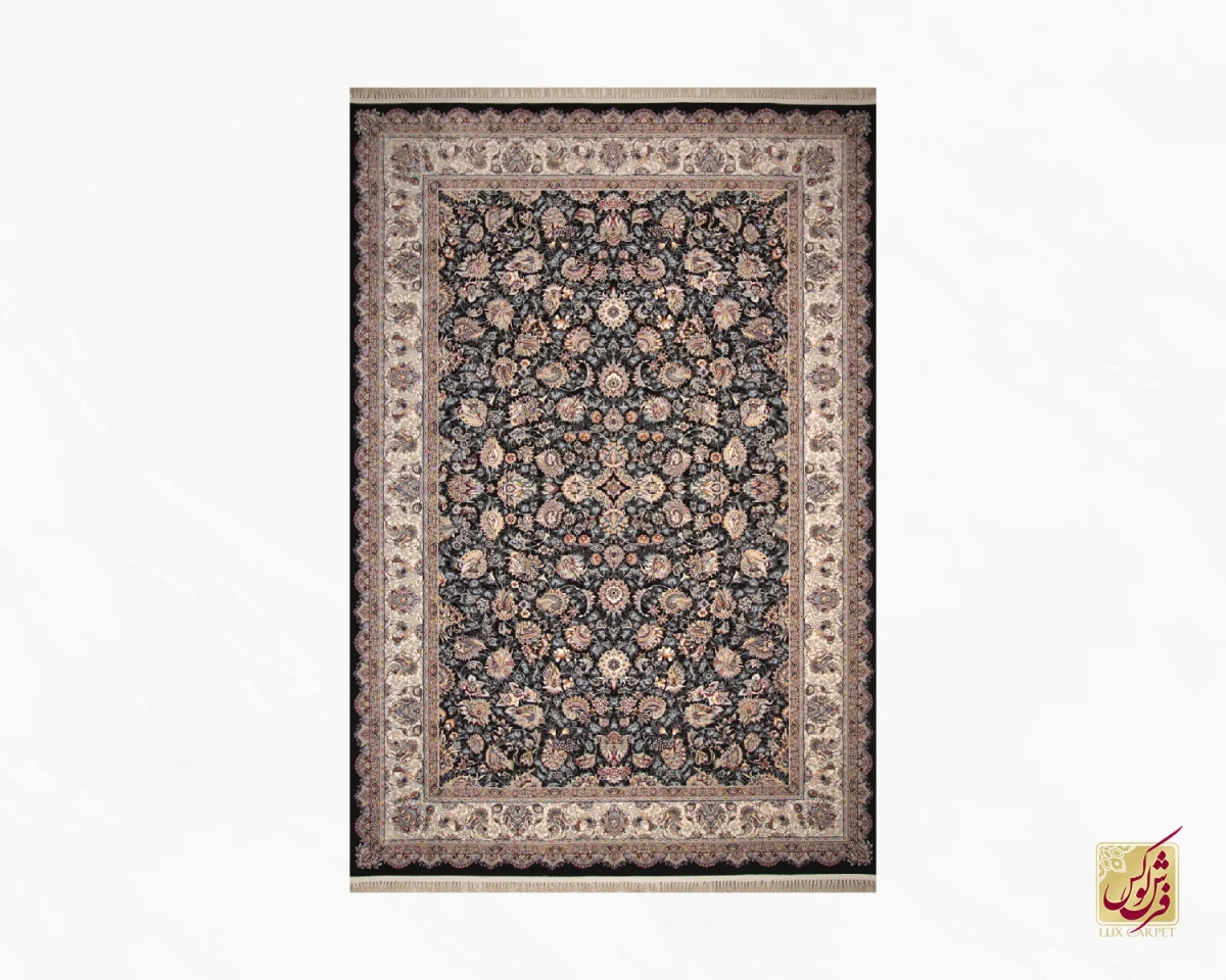 فرش ابریشم ماشینی ۱۲۱۱ سرمه ای حاشیه کرم