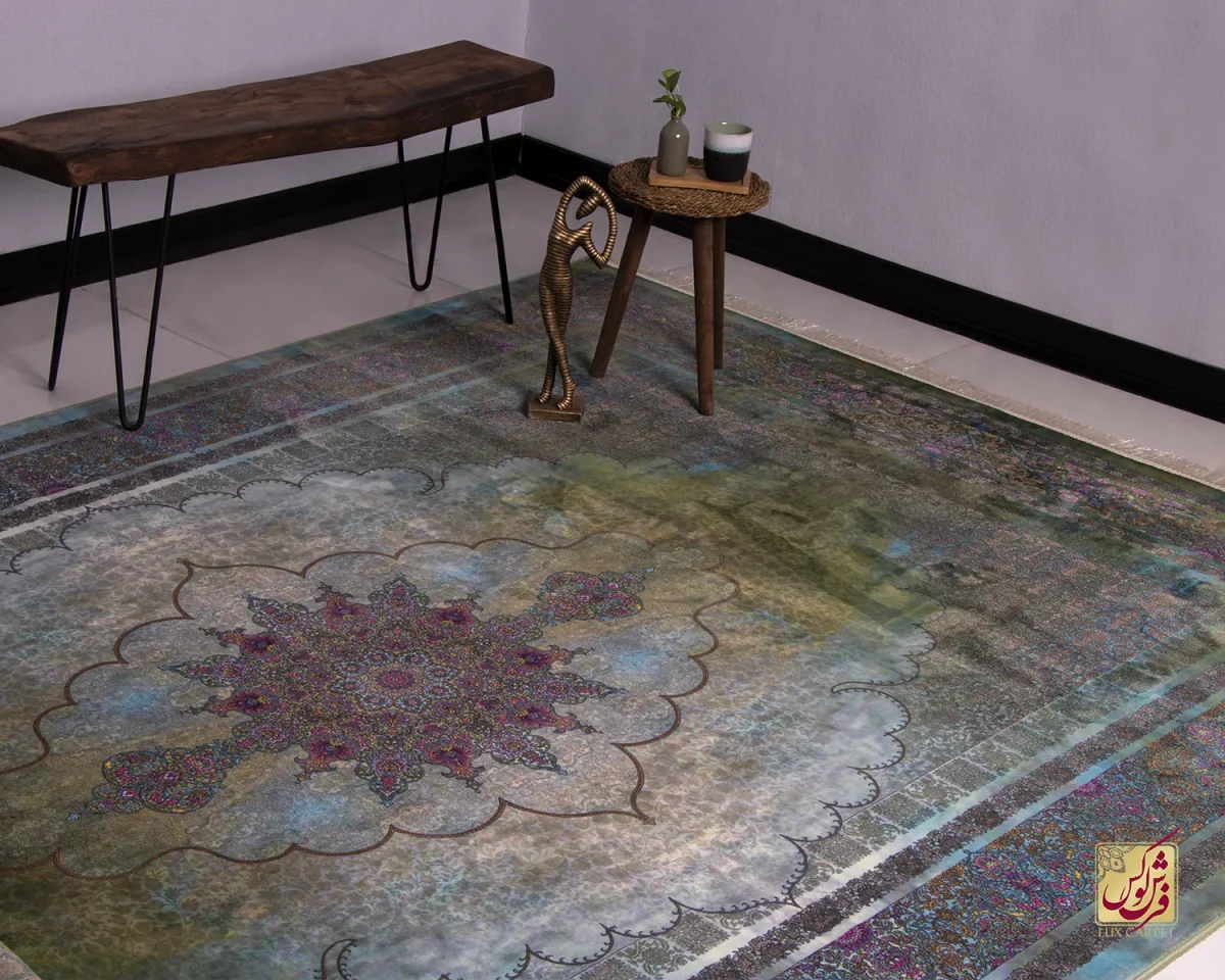 فرش ابریشم ماشینی 201743 فیروزه ای سبز کهکشانی - تصویر 1