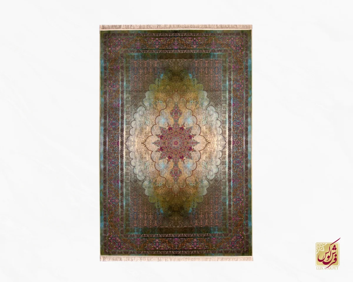 فرش ابریشم ماشینی 201743 فیروزه ای سبز کهکشانی - تصویر 2