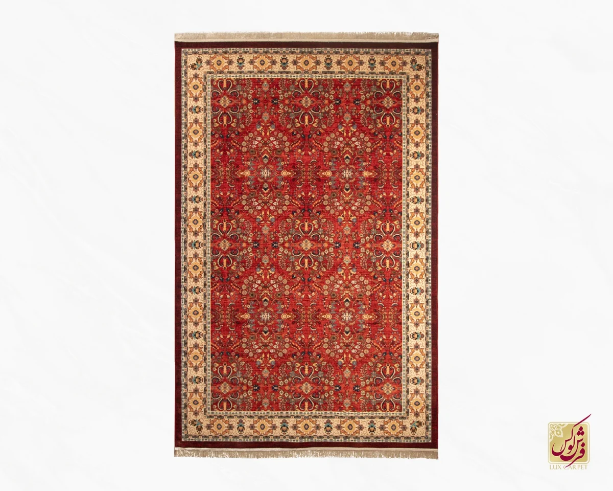 فرش ابریشم ماشینی 202738 لاکی حاشیه کرم - تصویر 1