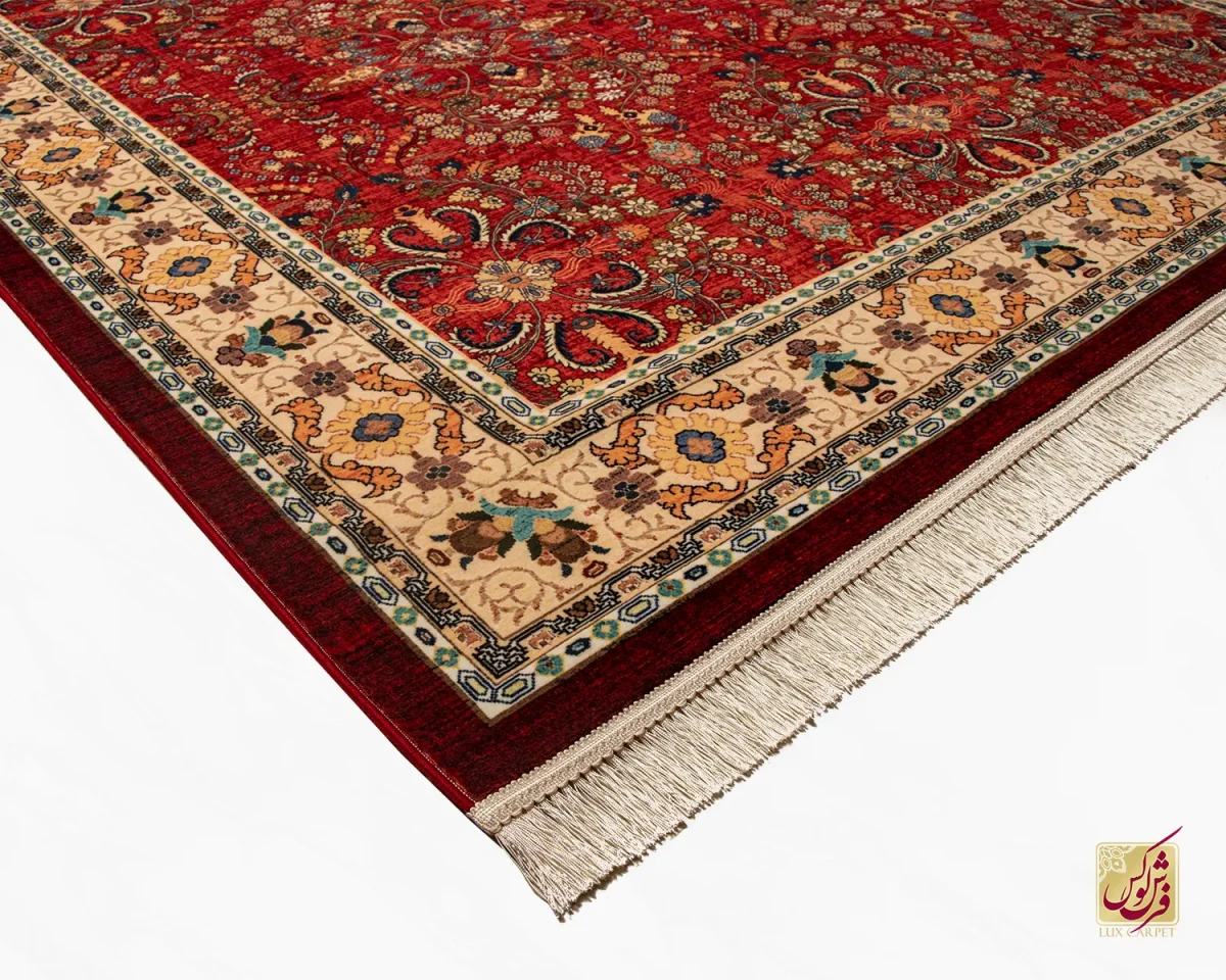 فرش ابریشم ماشینی 202738 لاکی حاشیه کرم - تصویر 4