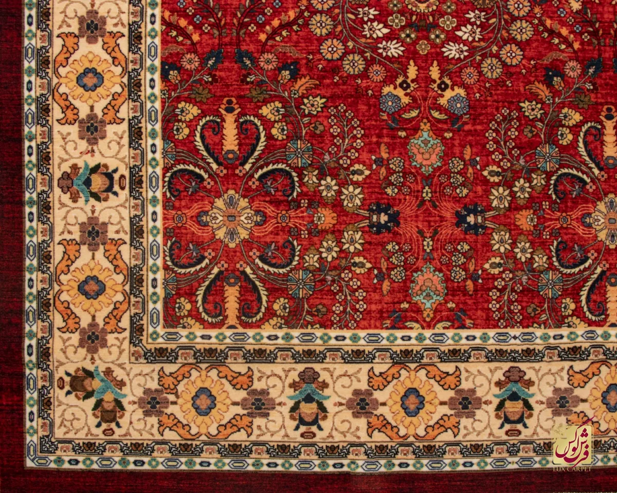 فرش ابریشم ماشینی 202738 لاکی حاشیه کرم - تصویر 5