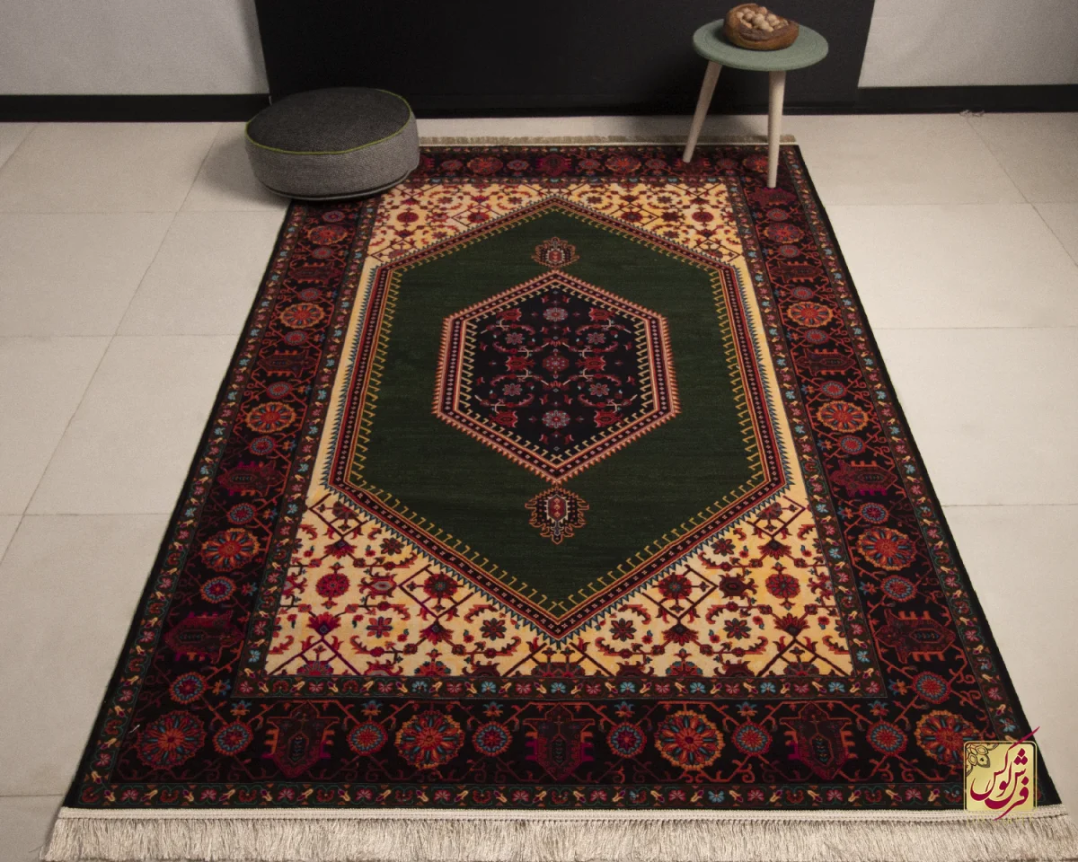 فرش ابریشم ماشینی 210304 سبز مشکی - تصویر 1