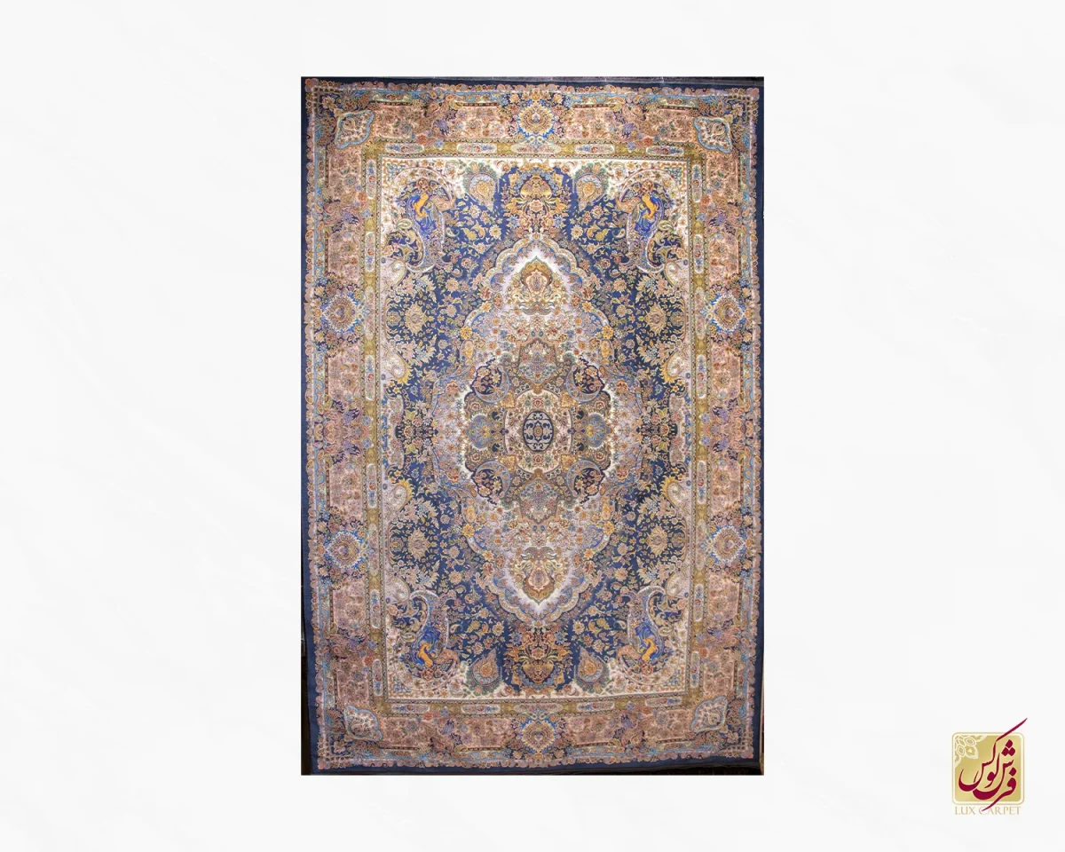 6متری-69.webp فرش ابریشم ماشینی 639 آبی گلبهی - تصویر 1