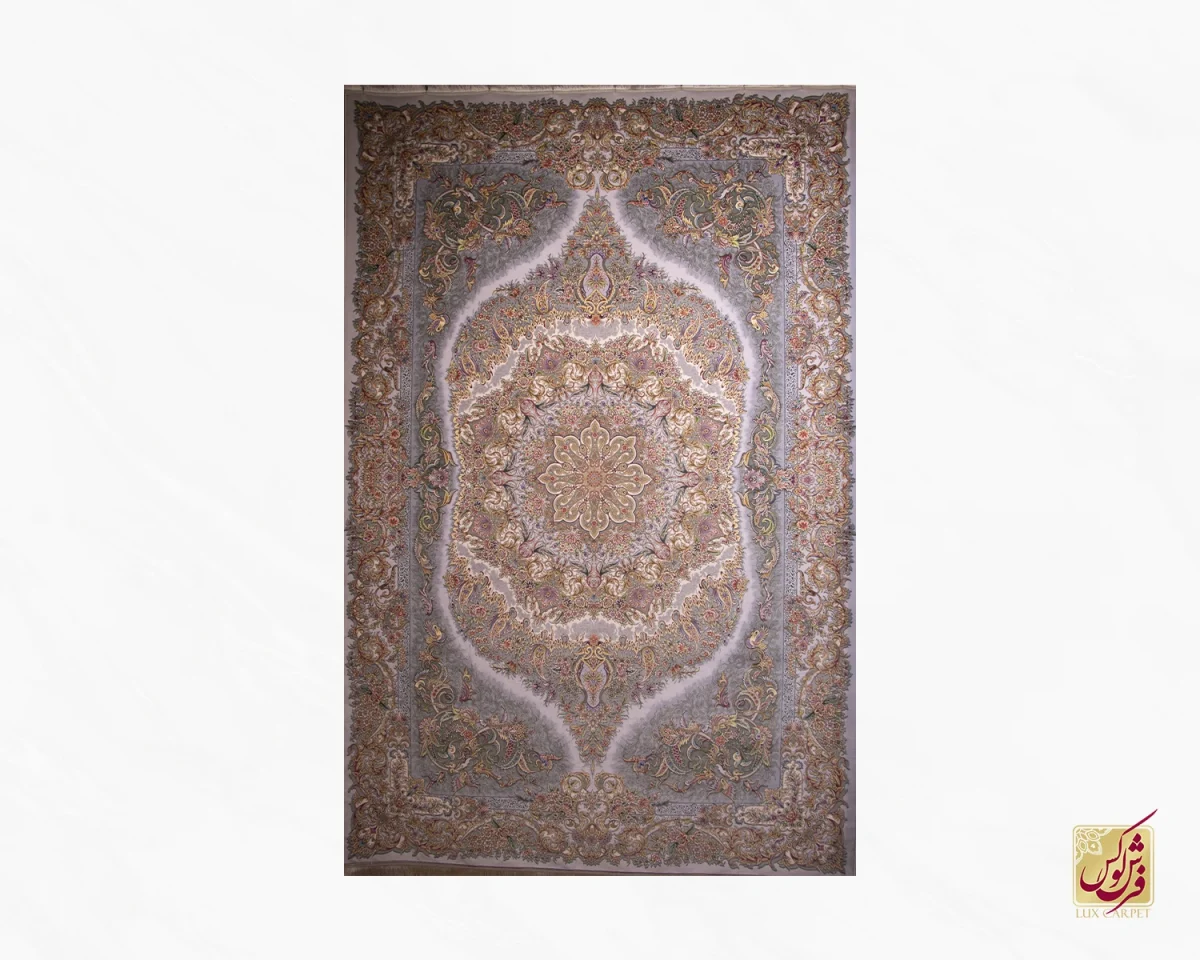 فرش ابریشم ماشینی 806 طوسی کرم - تصویر 1