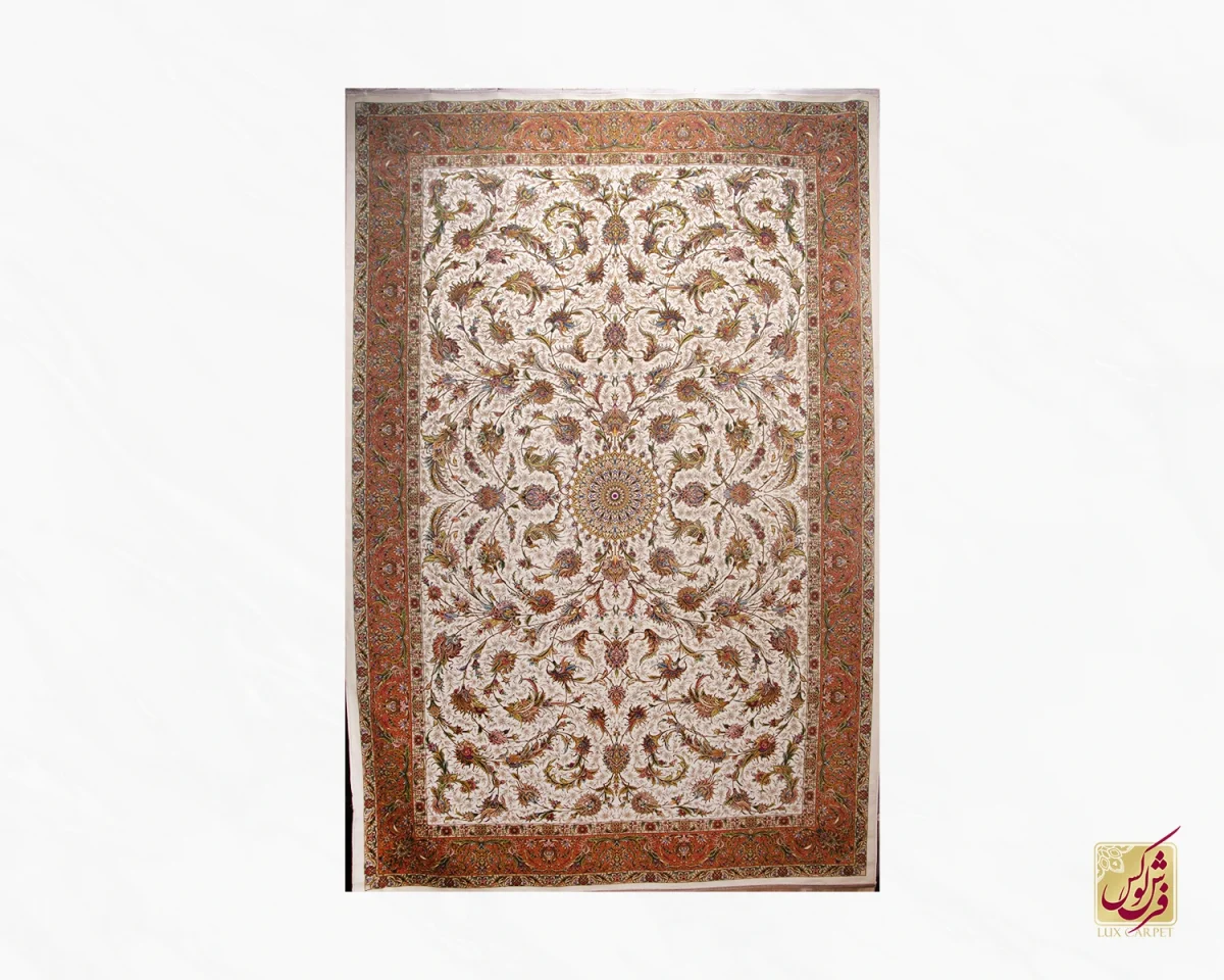 فرش ابریشم ماشینی 651 کرم حاشیه آجری - تصویر 1