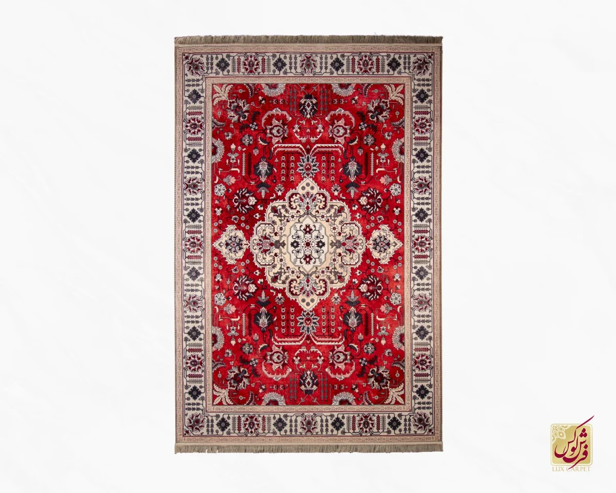 فرش ابریشم ماشینی 723104 قرمز کرم - تصویر 1