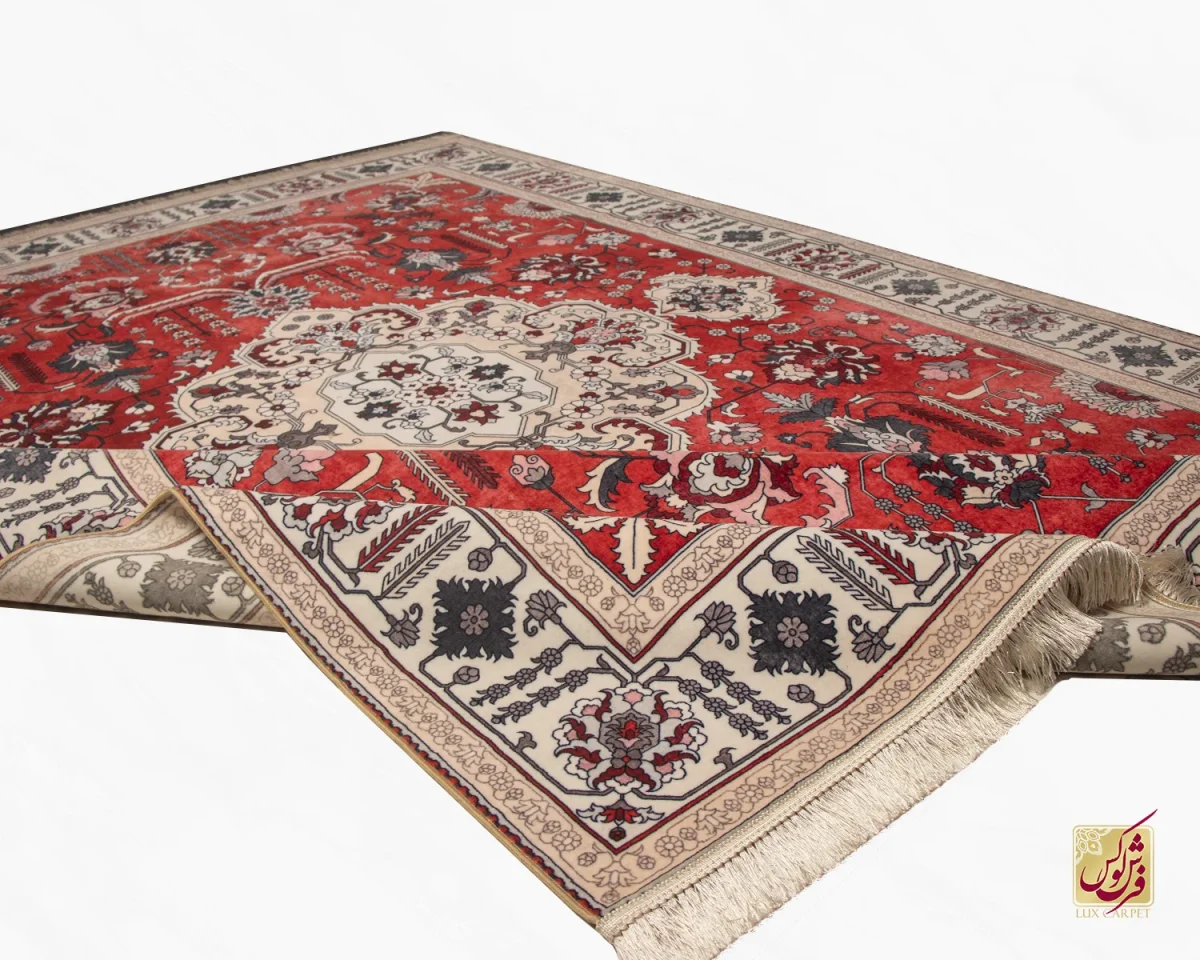 فرش ابریشم ماشینی 723104 قرمز کرم - تصویر 3