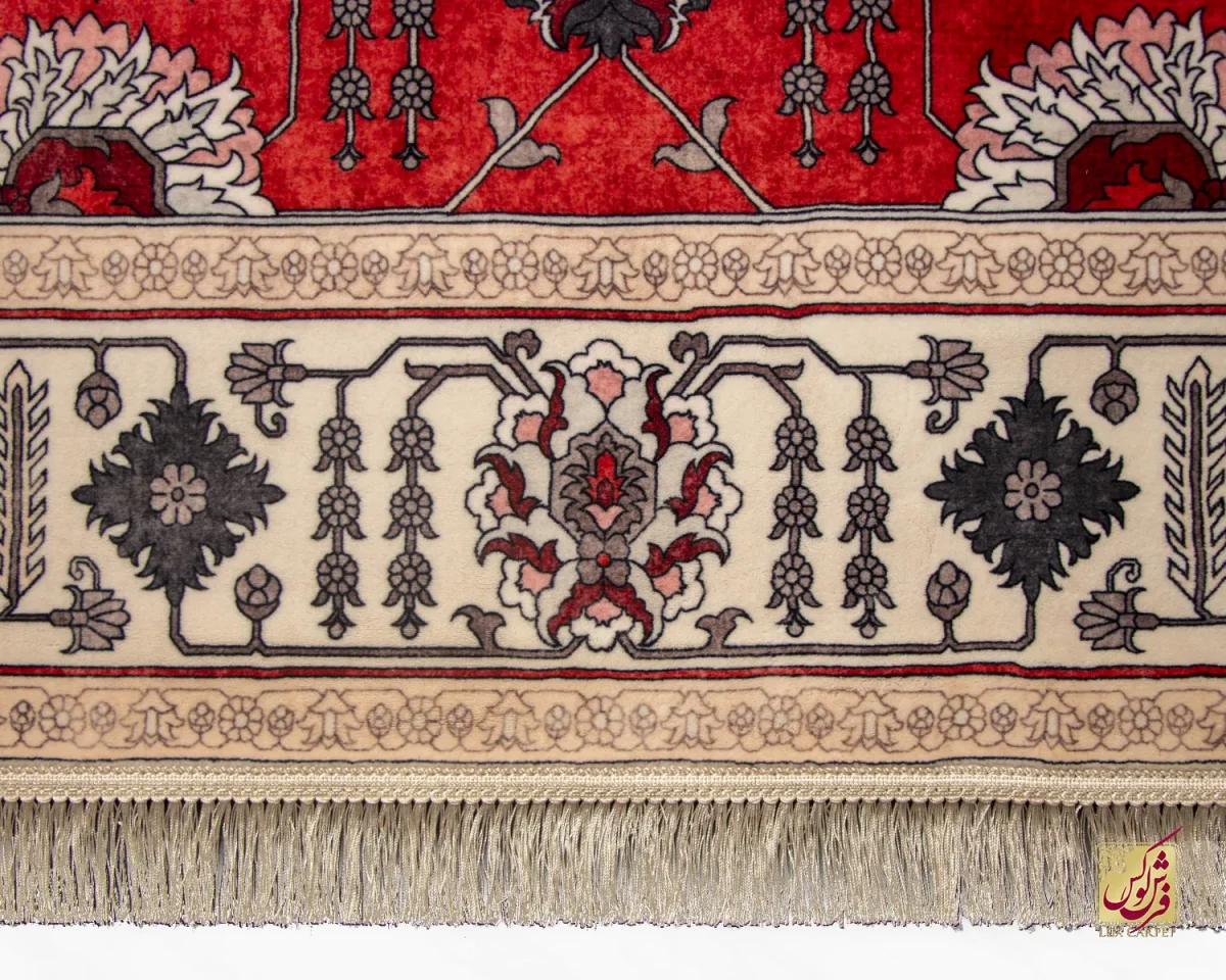 فرش ابریشم ماشینی 723104 قرمز کرم - تصویر 6