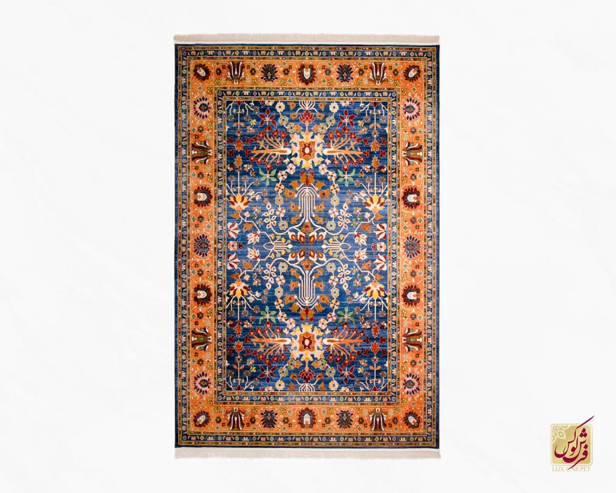 فرش ابریشم ماشینی 730300 آبی حاشیه آجری - تصویر 1