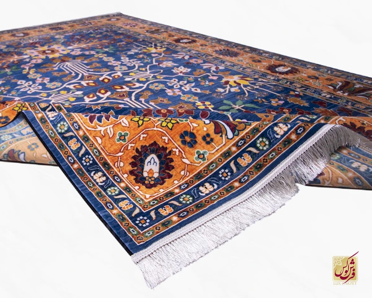 فرش ابریشم ماشینی 730300 آبی حاشیه آجری - تصویر 2