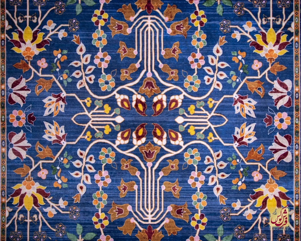 فرش ابریشم ماشینی 730300 آبی حاشیه آجری - تصویر 6