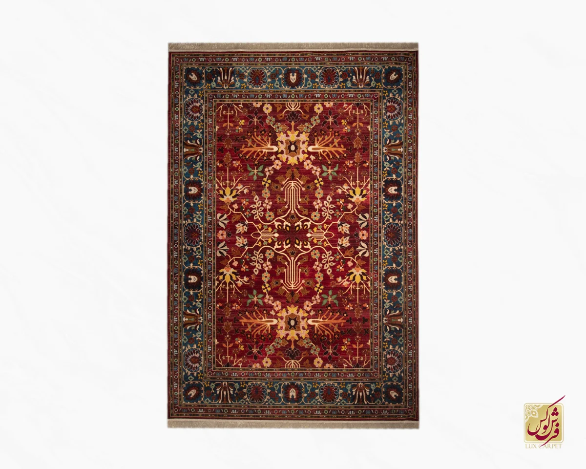 فرش ابریشم ماشینی 730301 قرمز آبی - تصویر 1