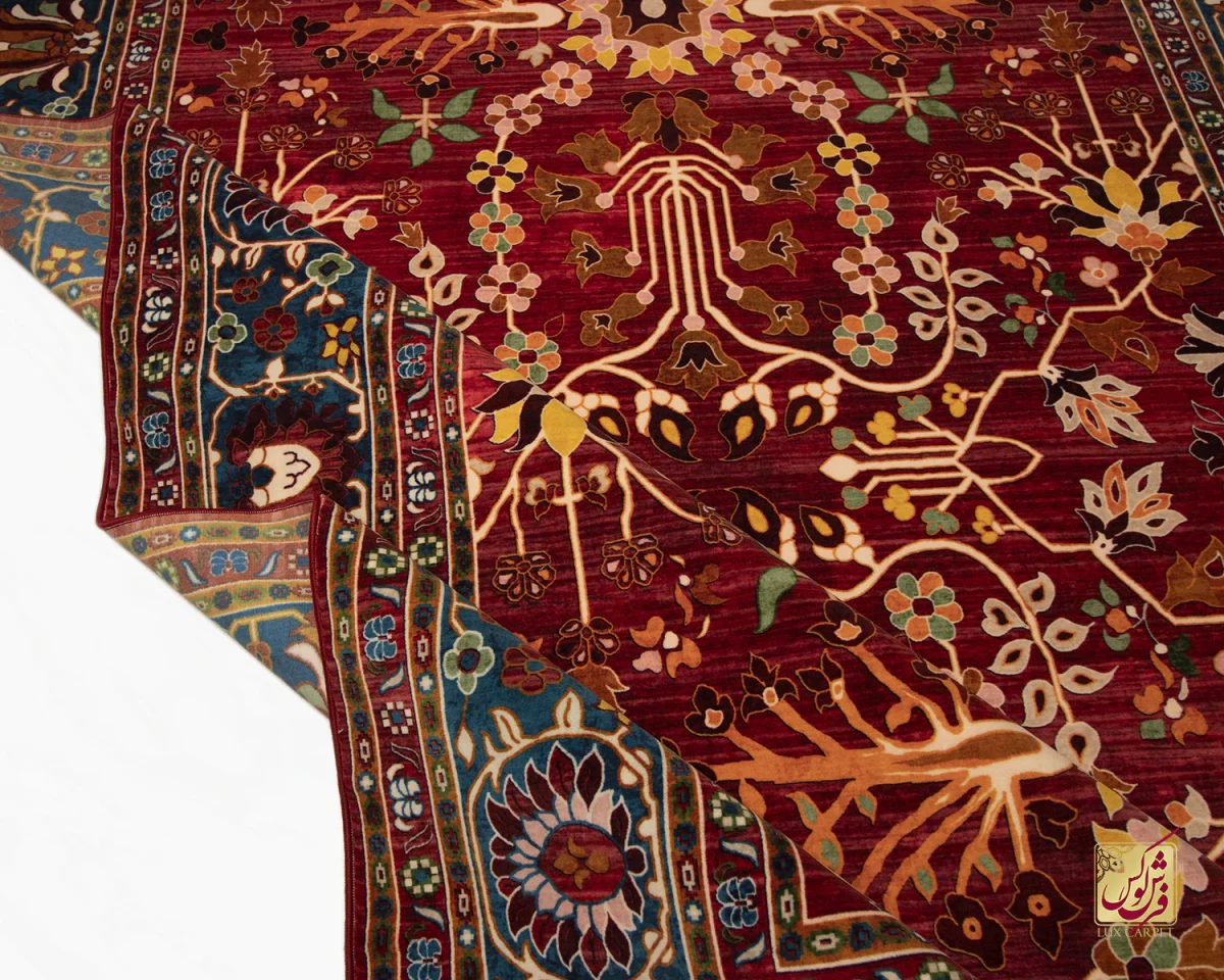 فرش ابریشم ماشینی 730301 قرمز آبی - تصویر 2