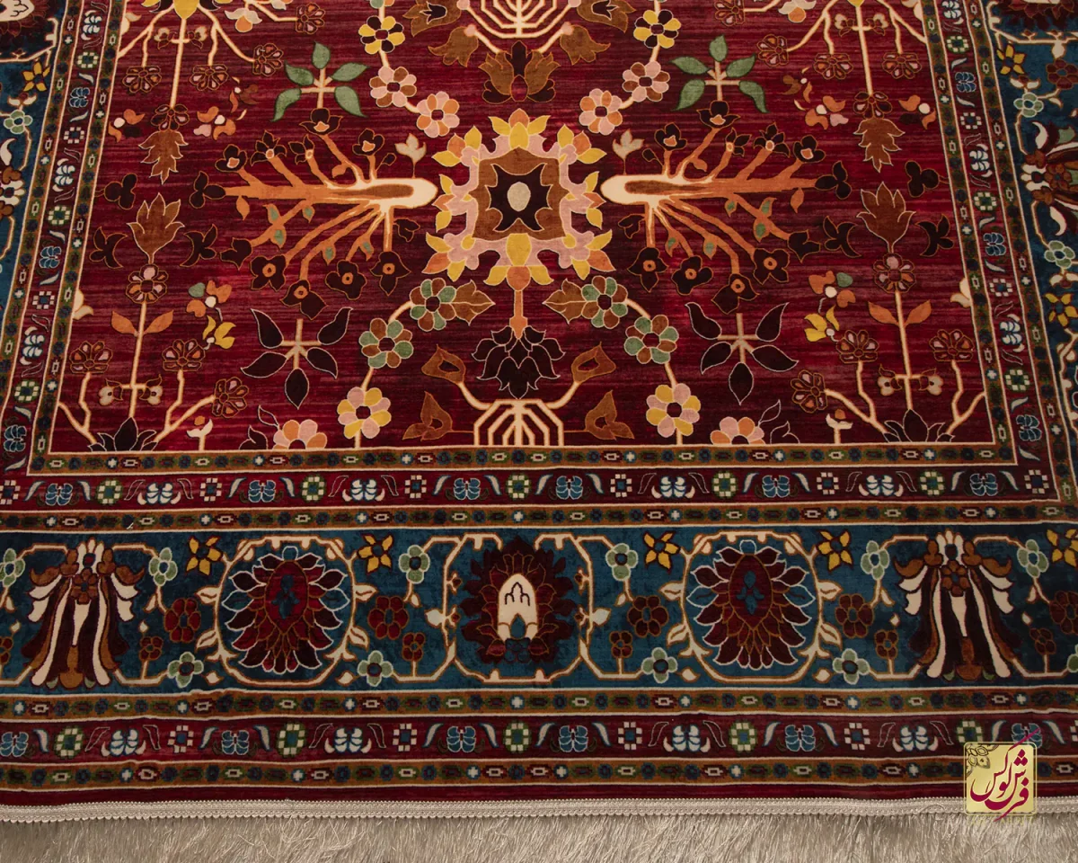 فرش ابریشم ماشینی 730301 قرمز آبی - تصویر 3