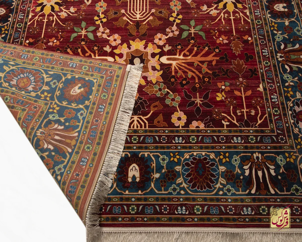 فرش ابریشم ماشینی 730301 قرمز آبی - تصویر 7