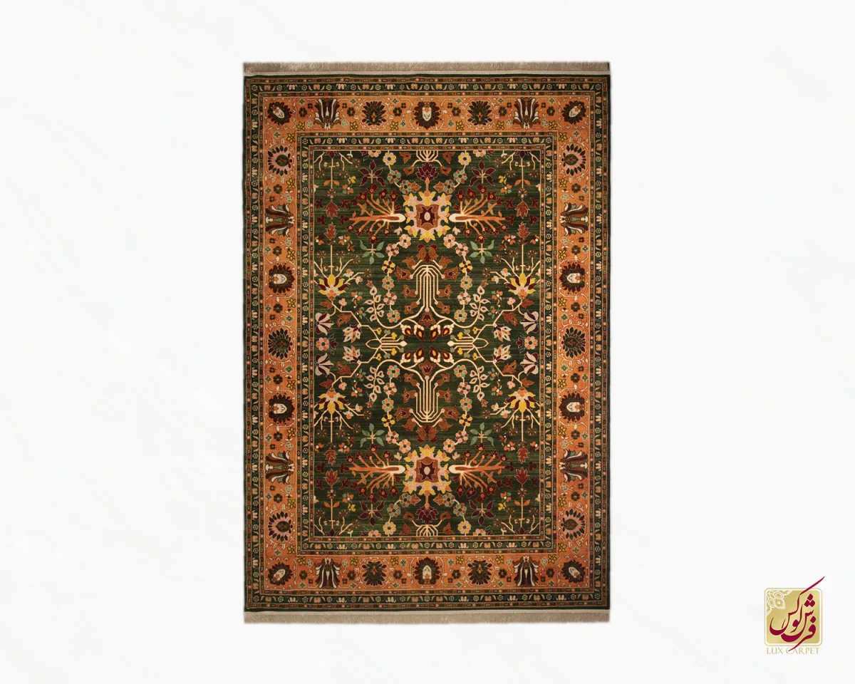 فرش ابریشم ماشینی 730302 سبز نارنجی - تصویر 1