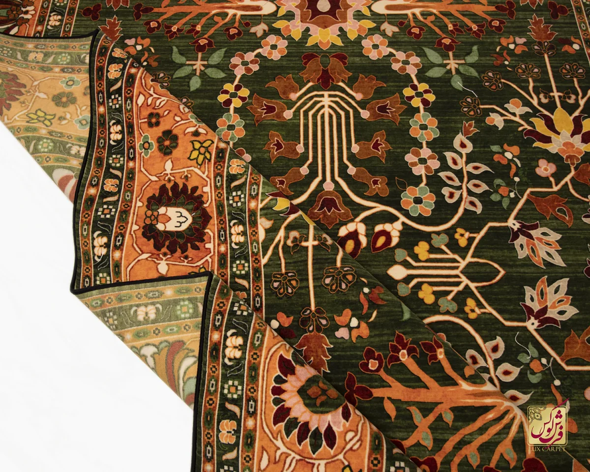 فرش ابریشم ماشینی 730302 سبز نارنجی - تصویر 2