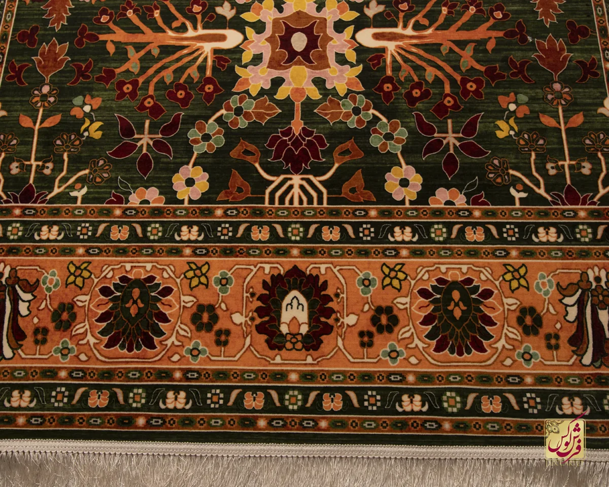 فرش ابریشم ماشینی 730302 سبز نارنجی - تصویر 3