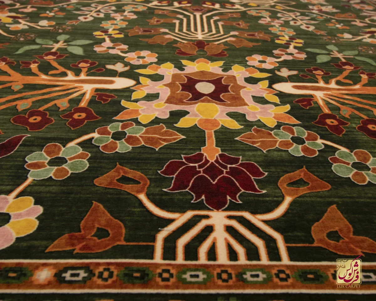 فرش ابریشم ماشینی 730302 سبز نارنجی - تصویر 7