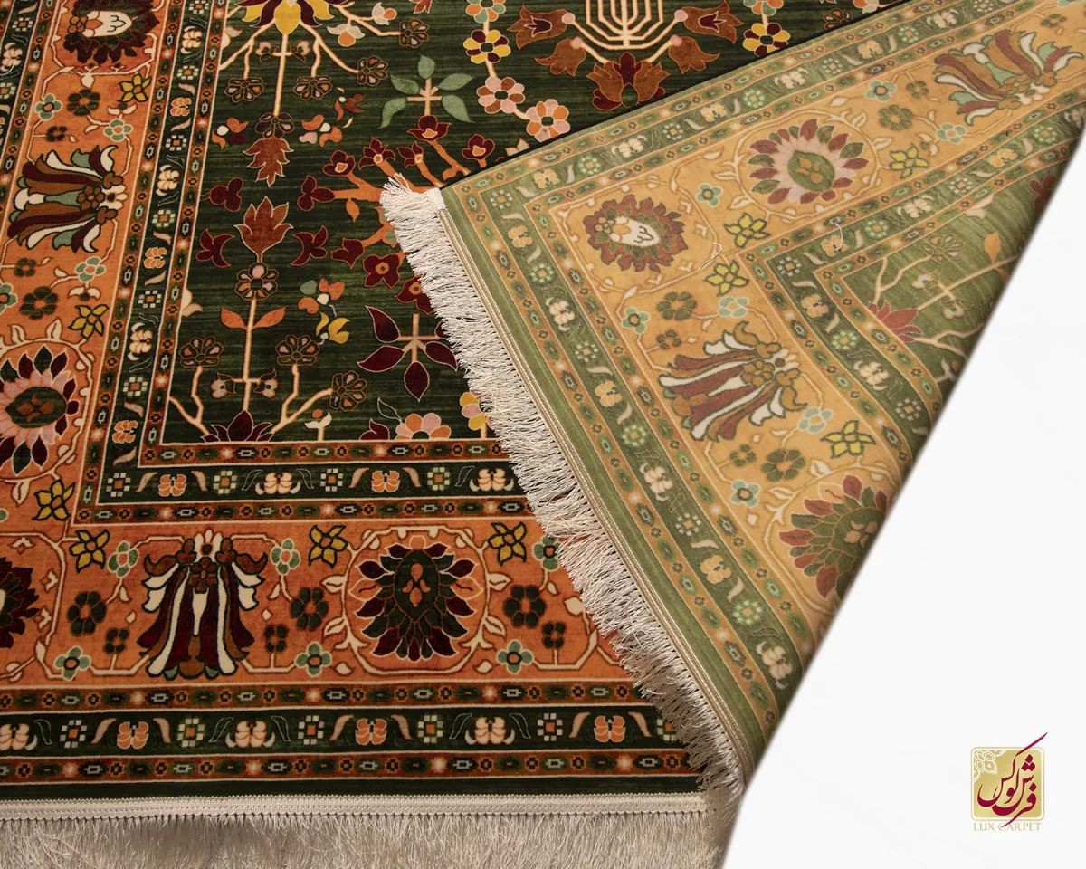 فرش ابریشم ماشینی 730302 سبز نارنجی - تصویر 8