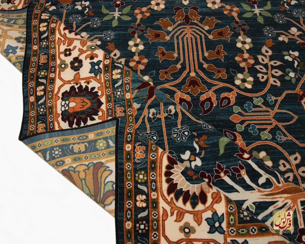 فرش ابریشم ماشینی 730303 آبی کرم - تصویر 2