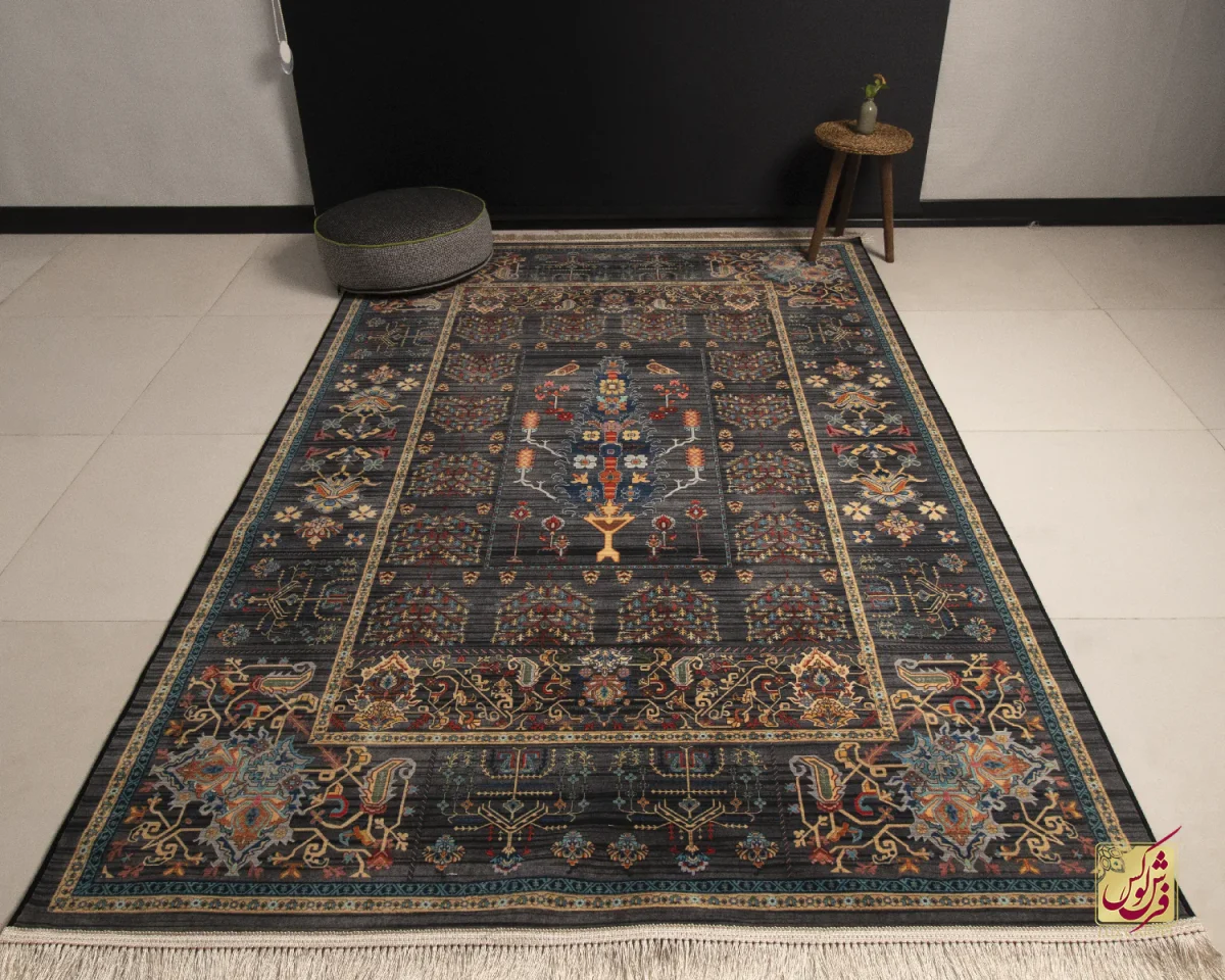 فرش ابریشم ماشینی 730601 ذغالی - تصویر 1