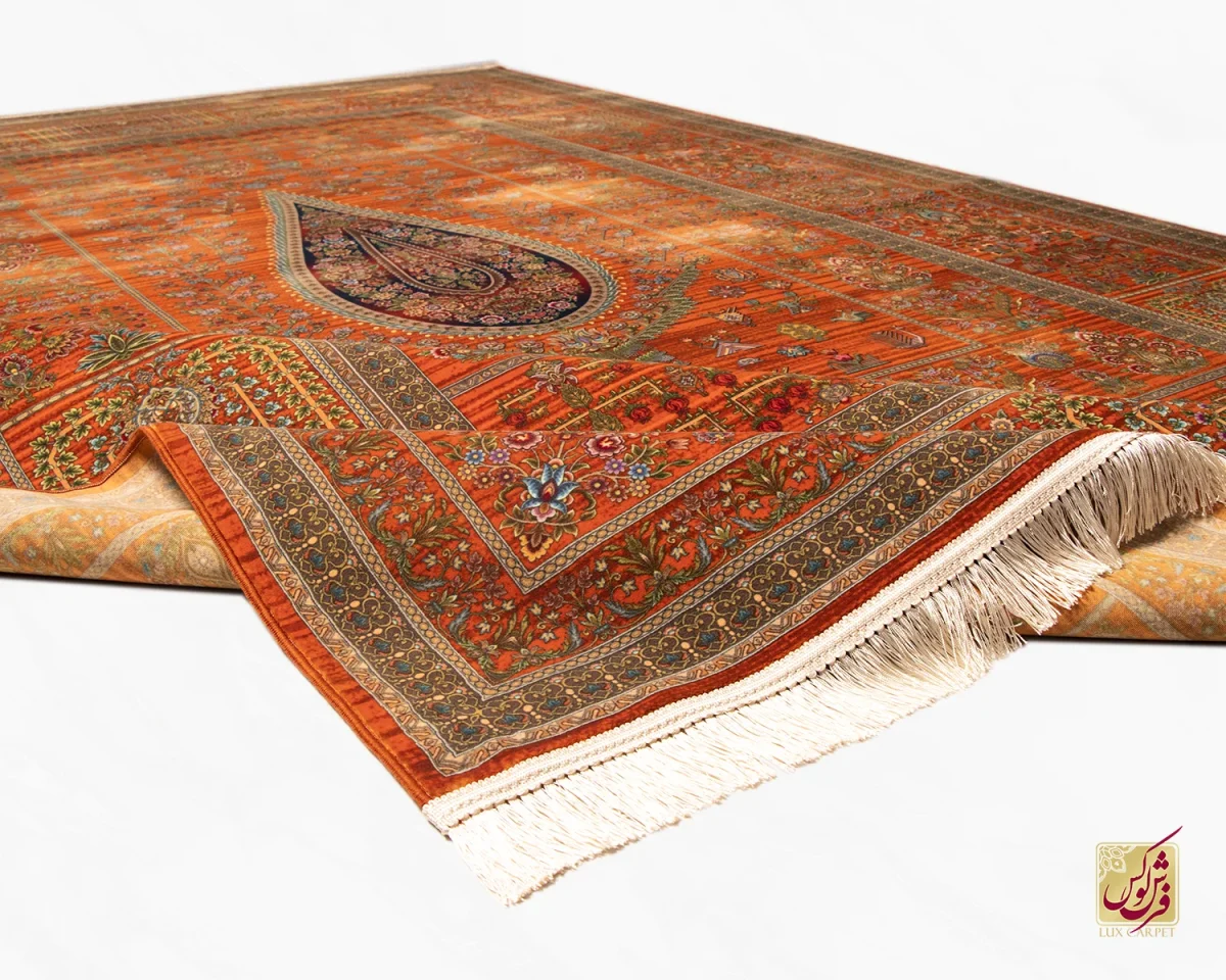 فرش ابریشم ماشینی 730901 نارنجی تمام رنگ - تصویر 7