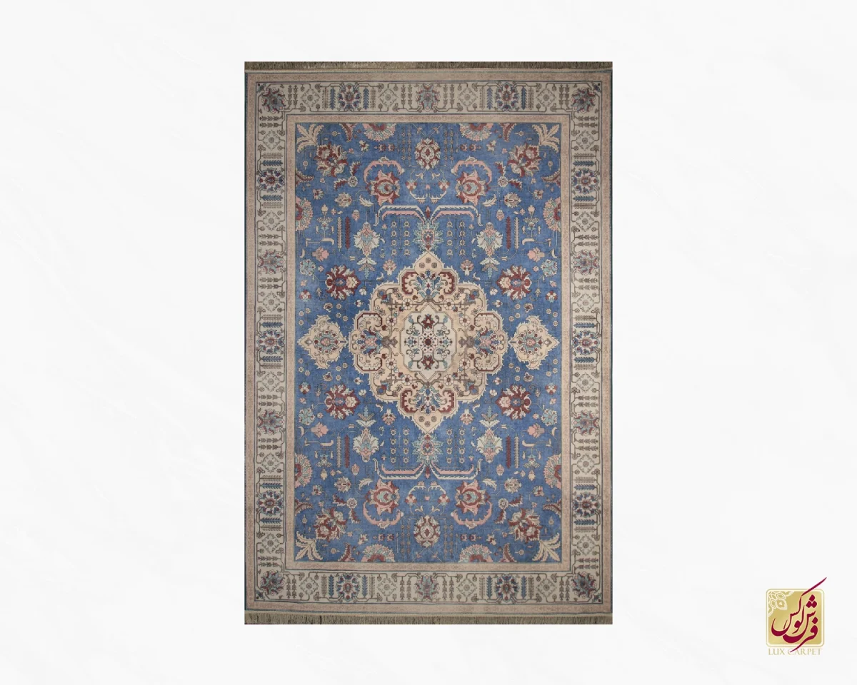 فرش ابریشم ماشینی 743100 آبی کرم - تصویر 2