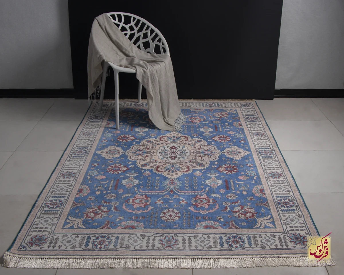فرش ابریشم ماشینی 743100 آبی کرم - تصویر 1