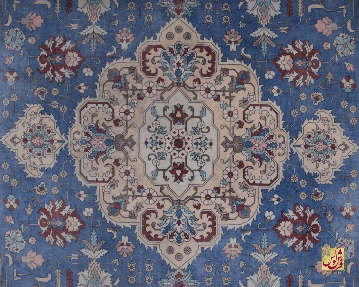 فرش ابریشم ماشینی 743100 آبی کرم - تصویر 6