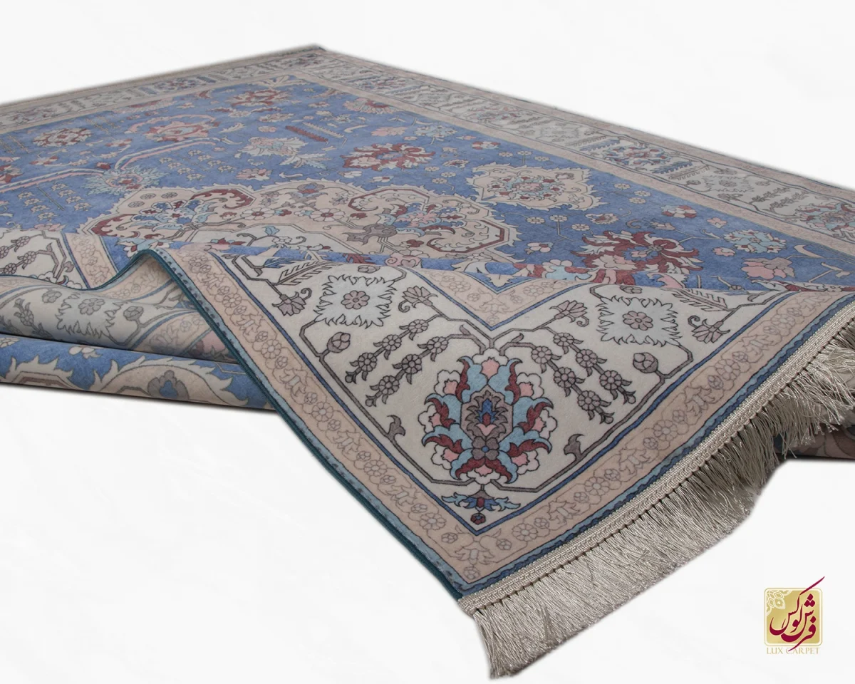 فرش ابریشم ماشینی 743100 آبی کرم - تصویر 10