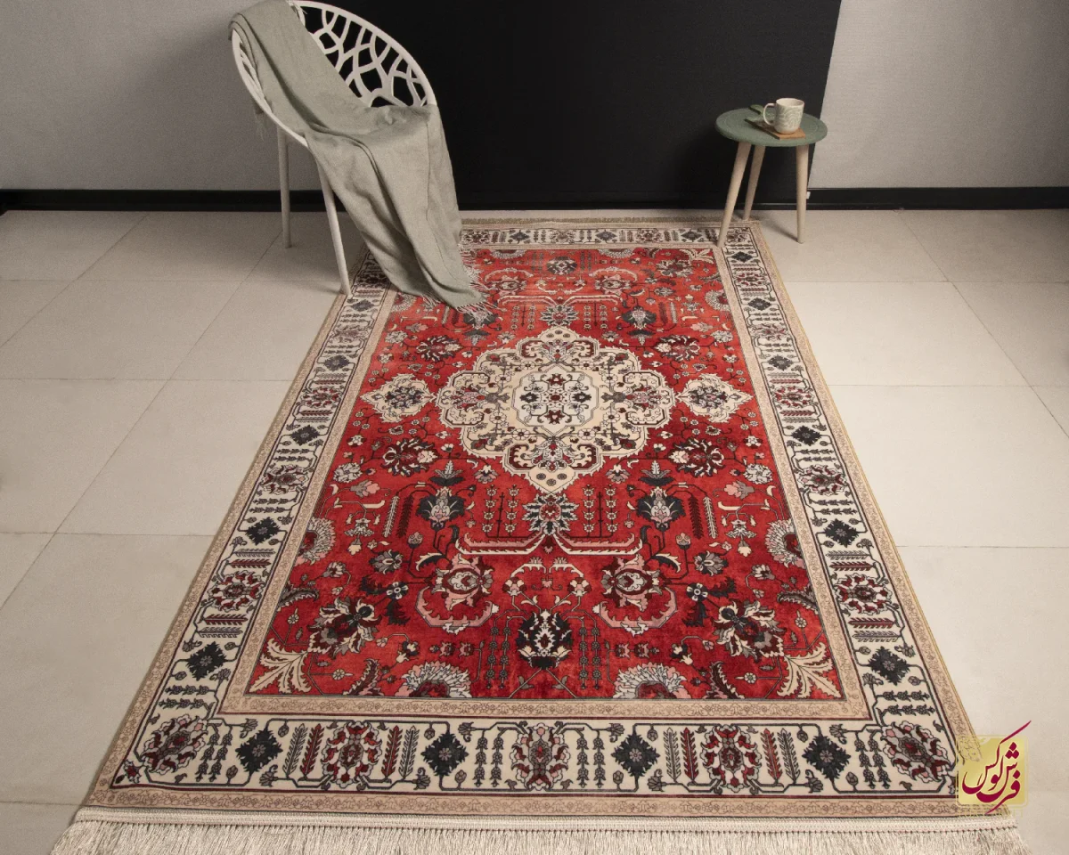 فرش ابریشم ماشینی 743104 قرمز کرم - تصویر 1