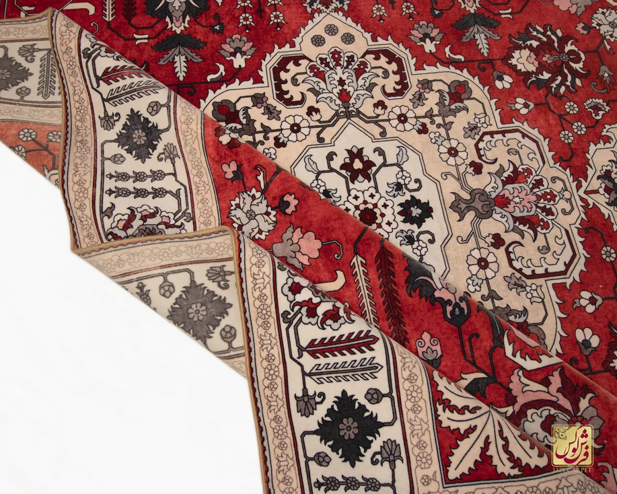 فرش ابریشم ماشینی 743104 قرمز کرم - تصویر 3