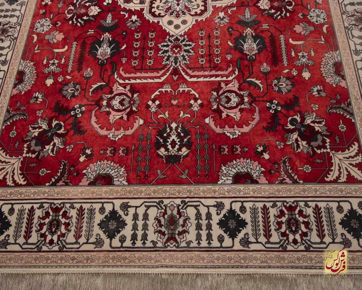 فرش ابریشم ماشینی 743104 قرمز کرم - تصویر 7