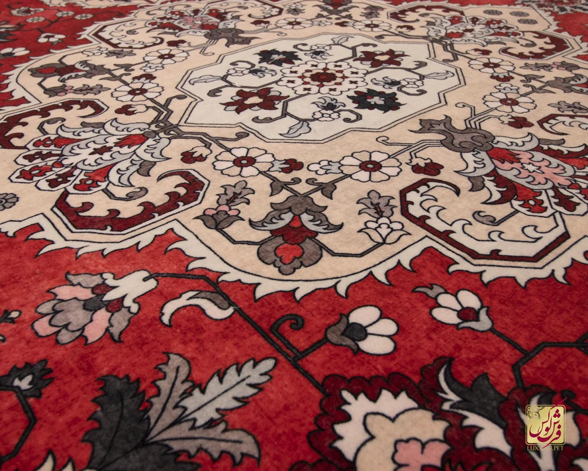 فرش ابریشم ماشینی 743104 قرمز کرم - تصویر 8