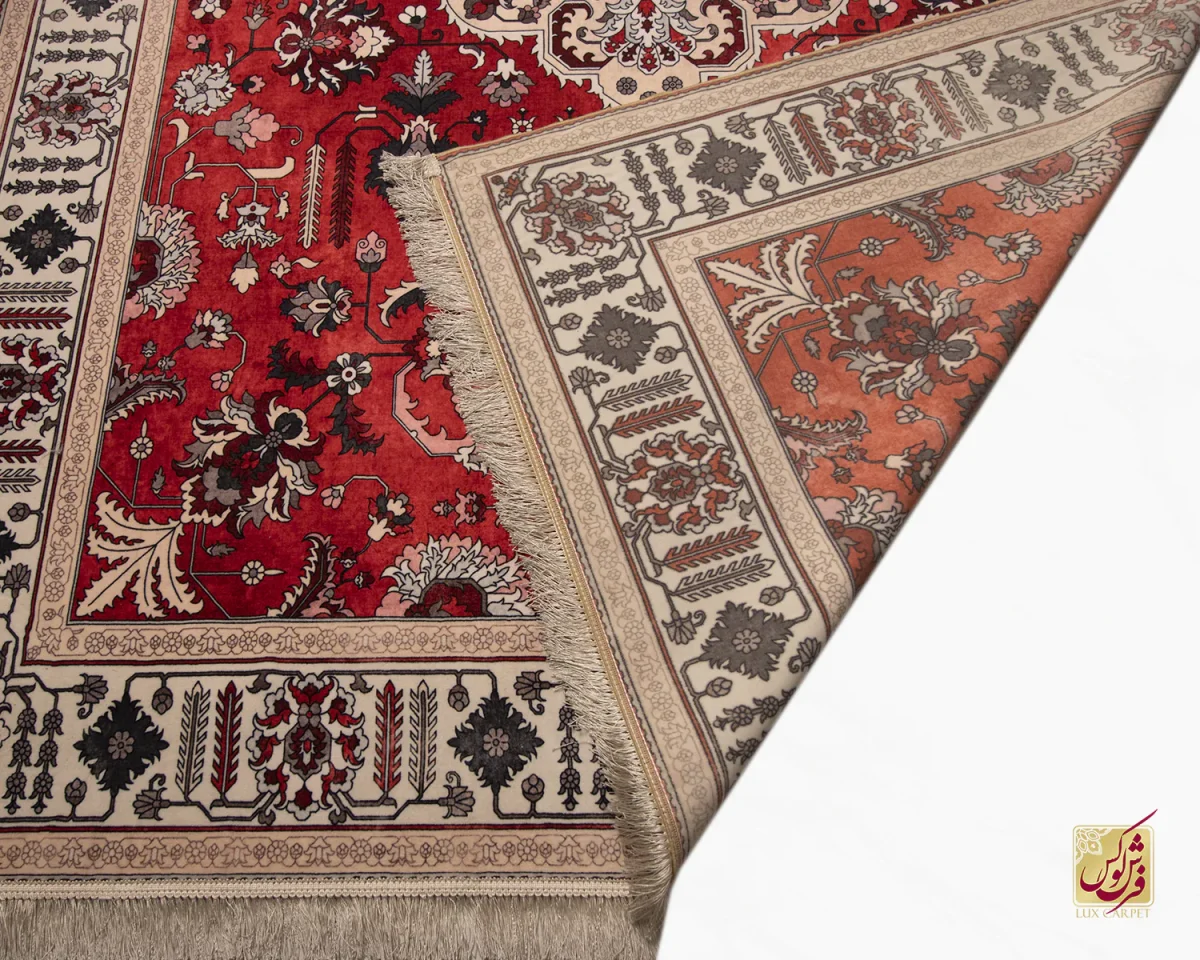 فرش ابریشم ماشینی 743104 قرمز کرم - تصویر 10