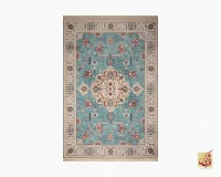 فرش ابریشم ماشینی 743105 فیروزه‌ای کرم - Image 2