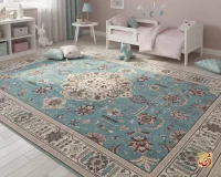 فرش ابریشم ماشینی 743105 فیروزه‌ای کرم