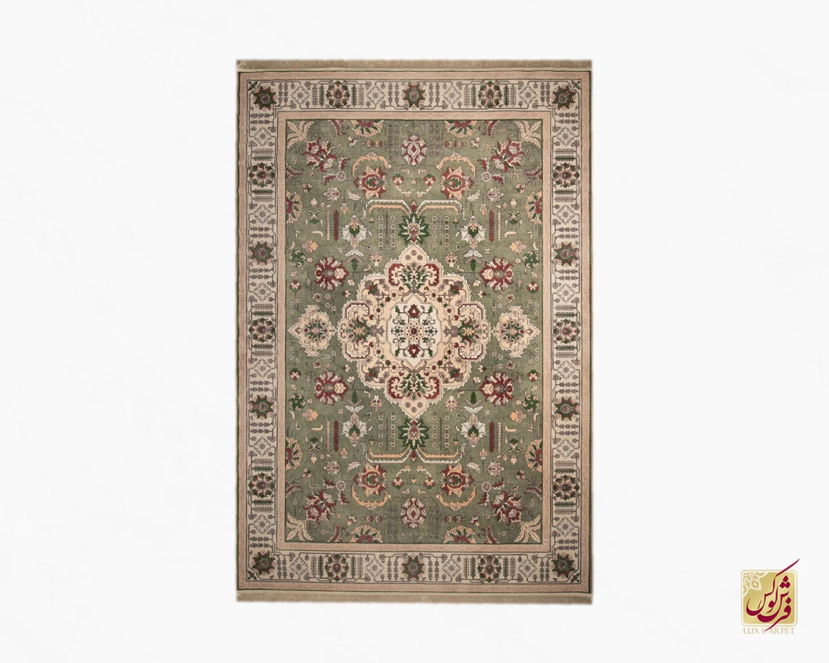 فرش ابریشم ماشینی 743106 سبز کرم - تصویر 2