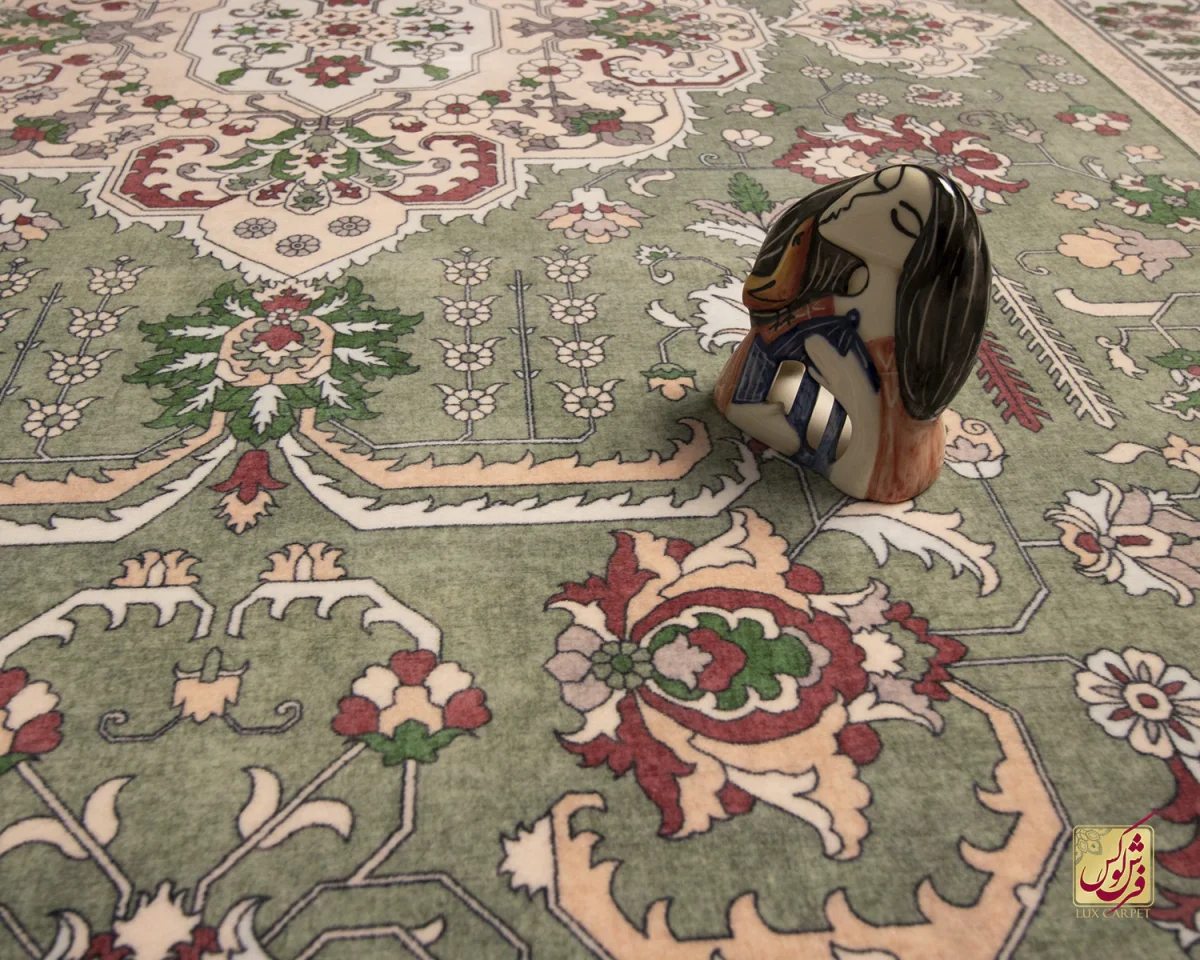 فرش ابریشم ماشینی 743106 سبز کرم - تصویر 11