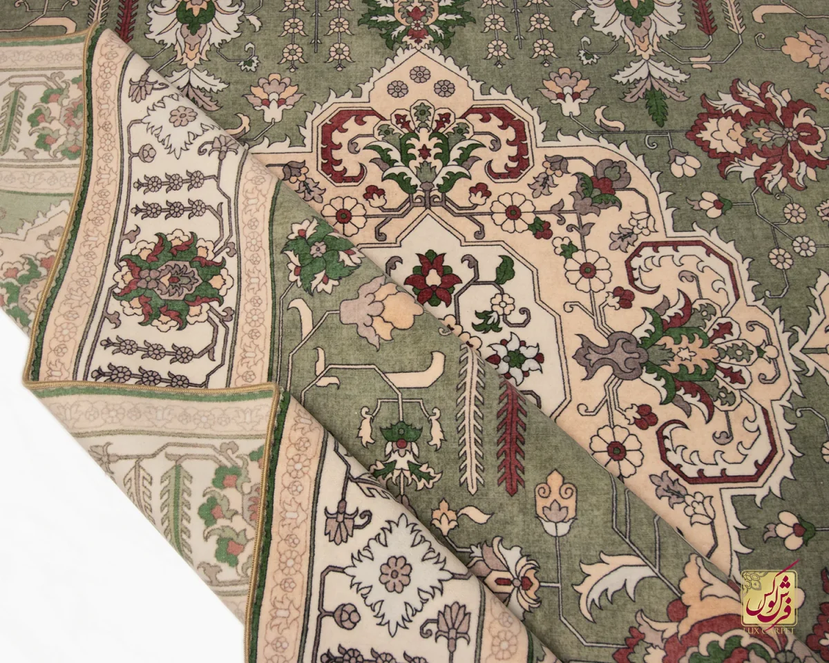 فرش ابریشم ماشینی 743106 سبز کرم - تصویر 3