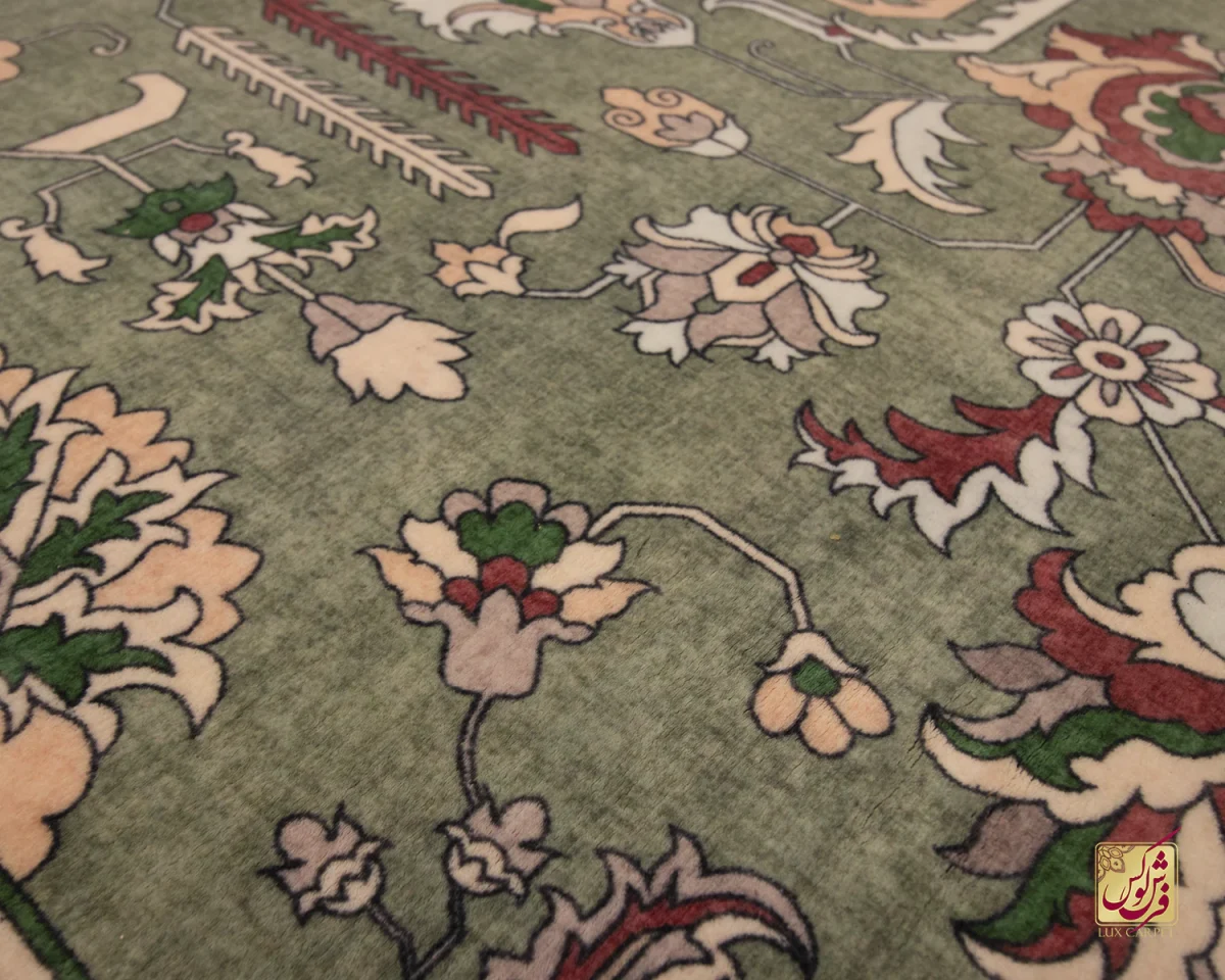 فرش ابریشم ماشینی 743106 سبز کرم - تصویر 5