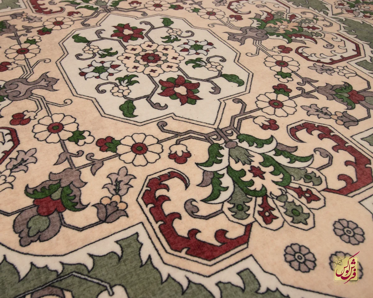 فرش ابریشم ماشینی 743106 سبز کرم - تصویر 6