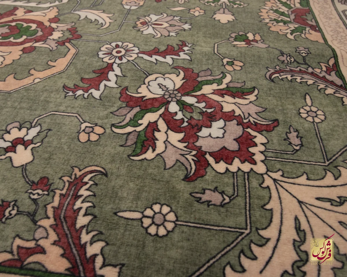 فرش ابریشم ماشینی 743106 سبز کرم - تصویر 7