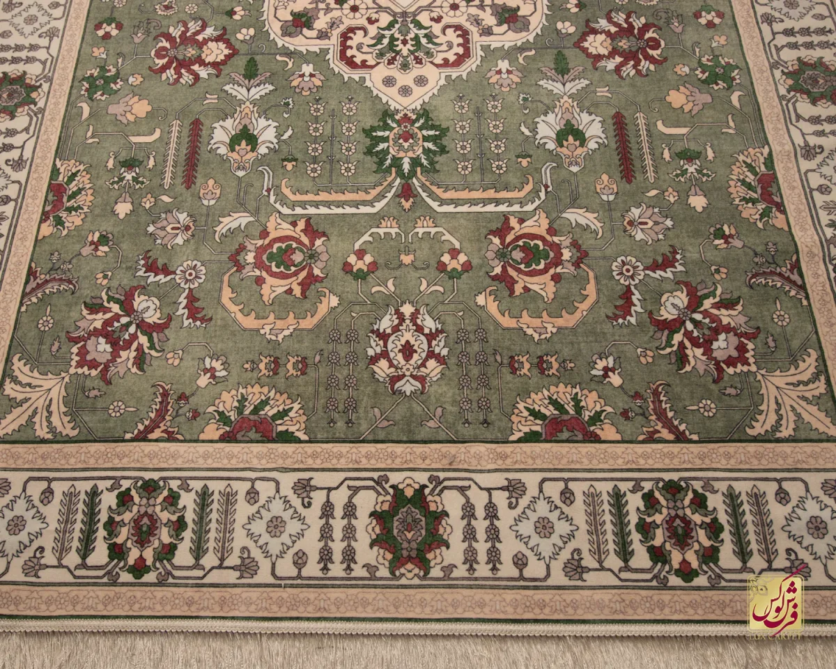 فرش ابریشم ماشینی 743106 سبز کرم - تصویر 8