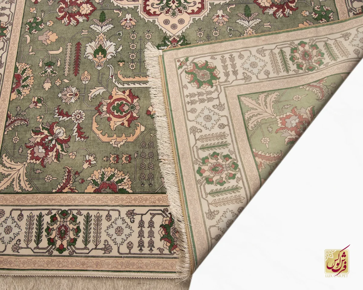 فرش ابریشم ماشینی 743106 سبز کرم - تصویر 9