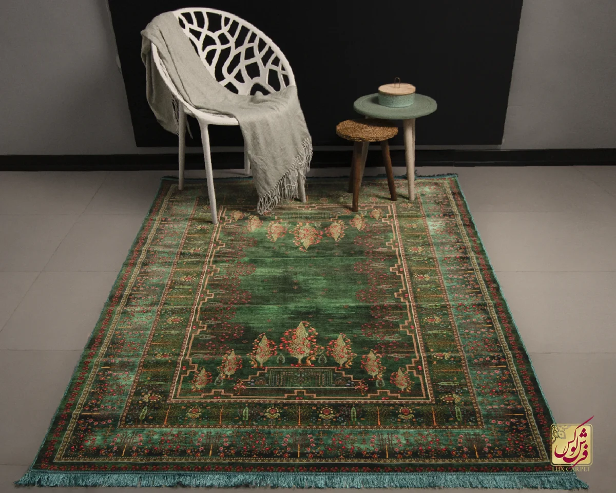 فرش ابریشم ماشینی T1062 سبز - تصویر 1
