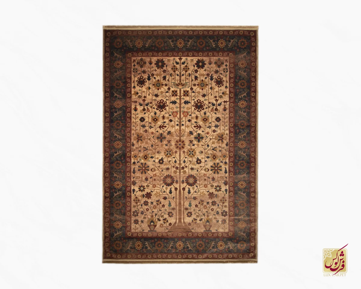 فرش ابریشم ماشینی Z1086 کرم حاشیه سرمه ای - تصویر 2